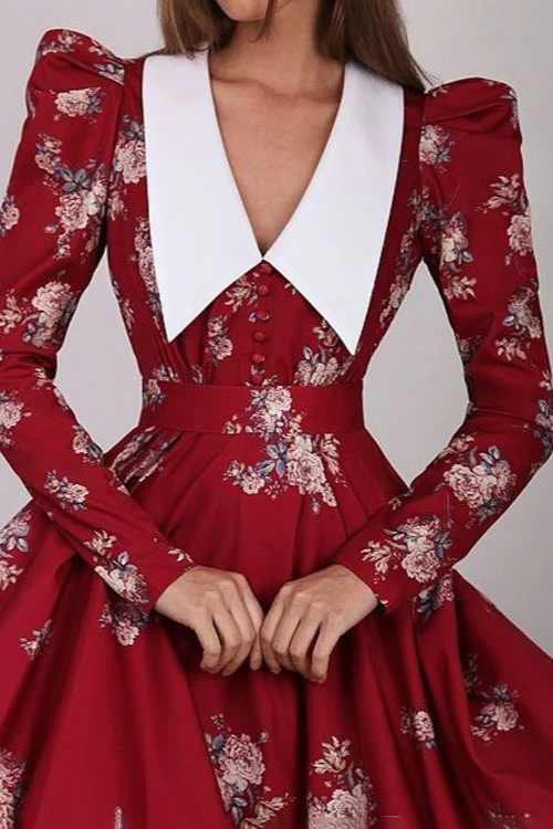 Flared Vintage Print Slim Waist Floral Maxi Dress - Image 8