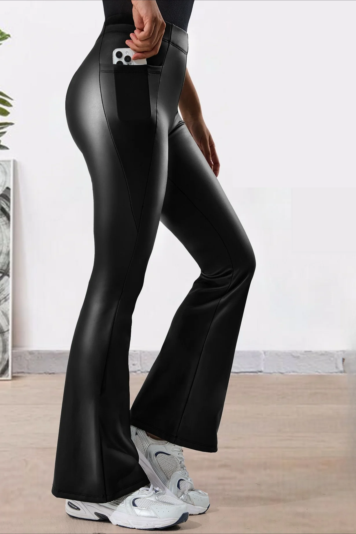 Fleece Lined Faux Leather Utility Flared Leggings - Image 3