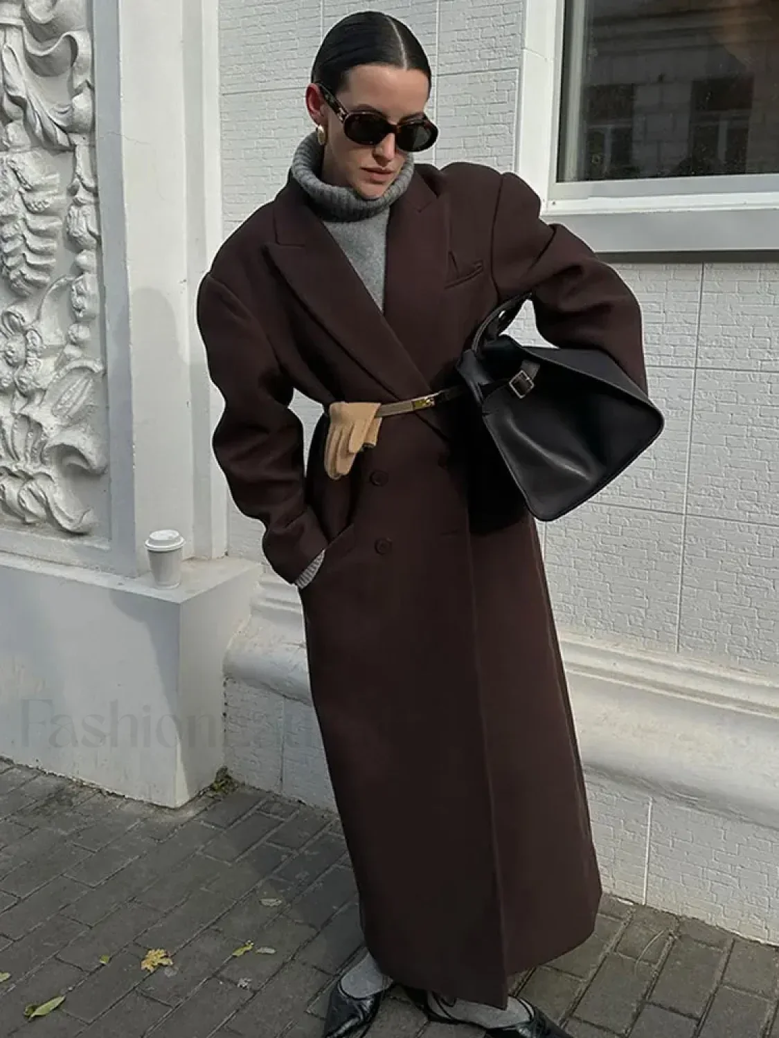 Flip Collar Double Breasted Pocket Woolen Coat Fashion Long Sleeved Overcoats - Image 12
