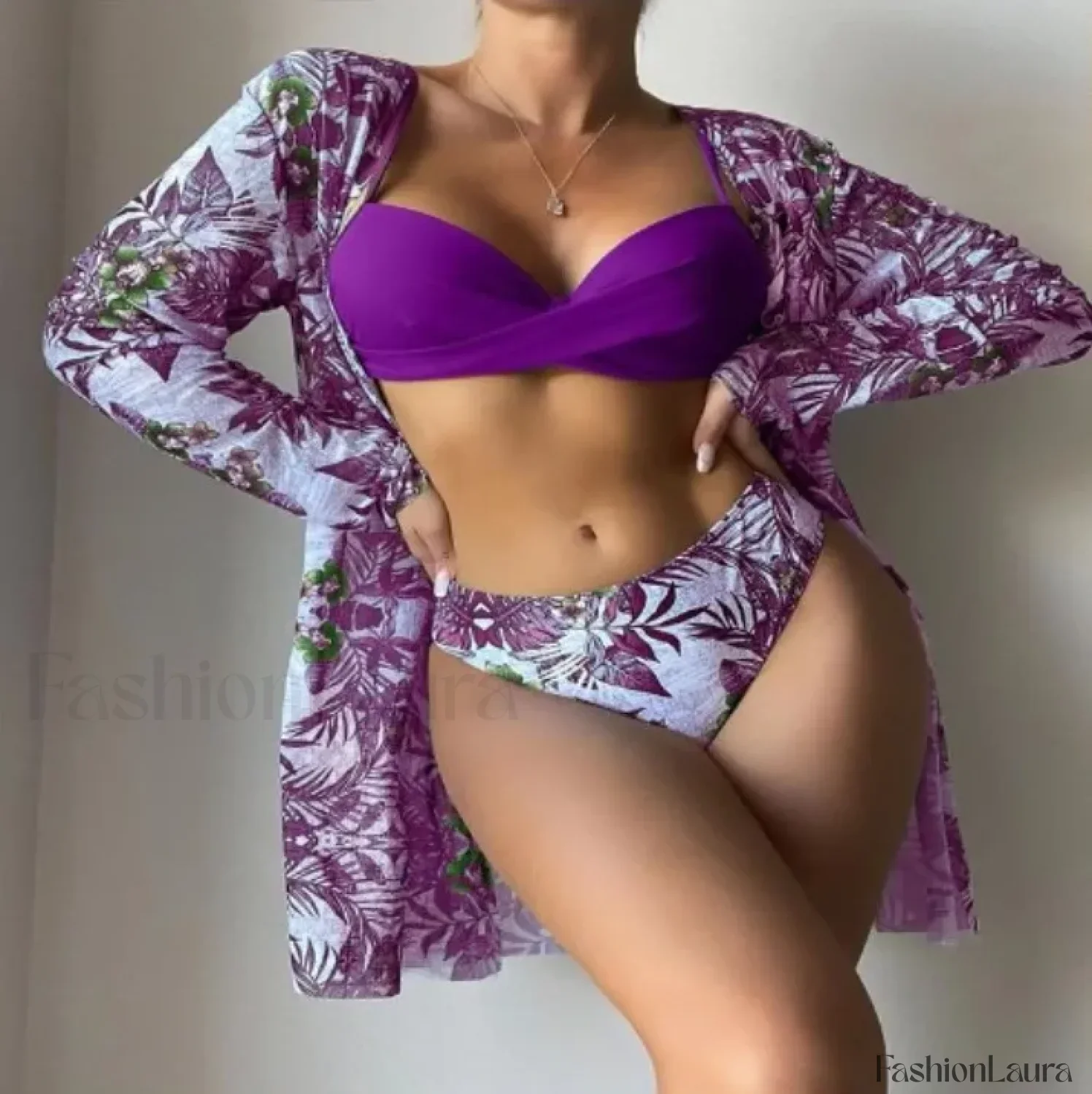 Floral Cover-Up Bikini Three Piece Set - Image 17