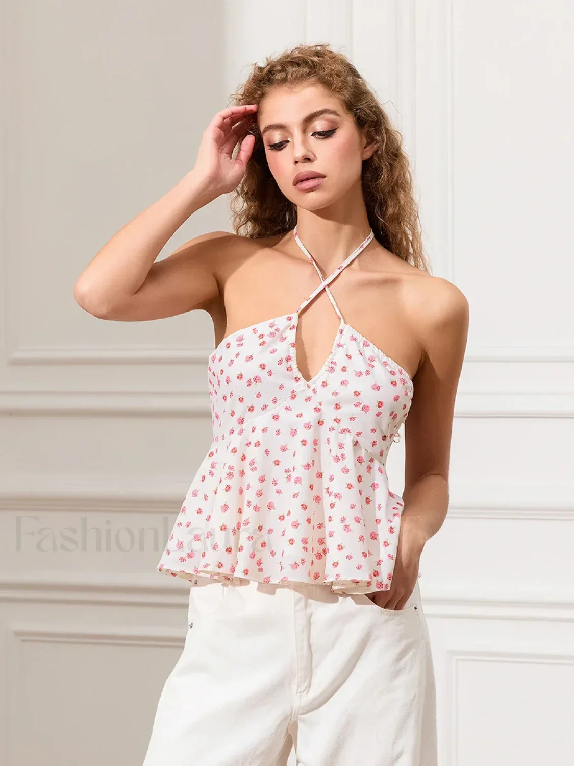 Floral Cross-Halter Peplum Crop Top - Image 2