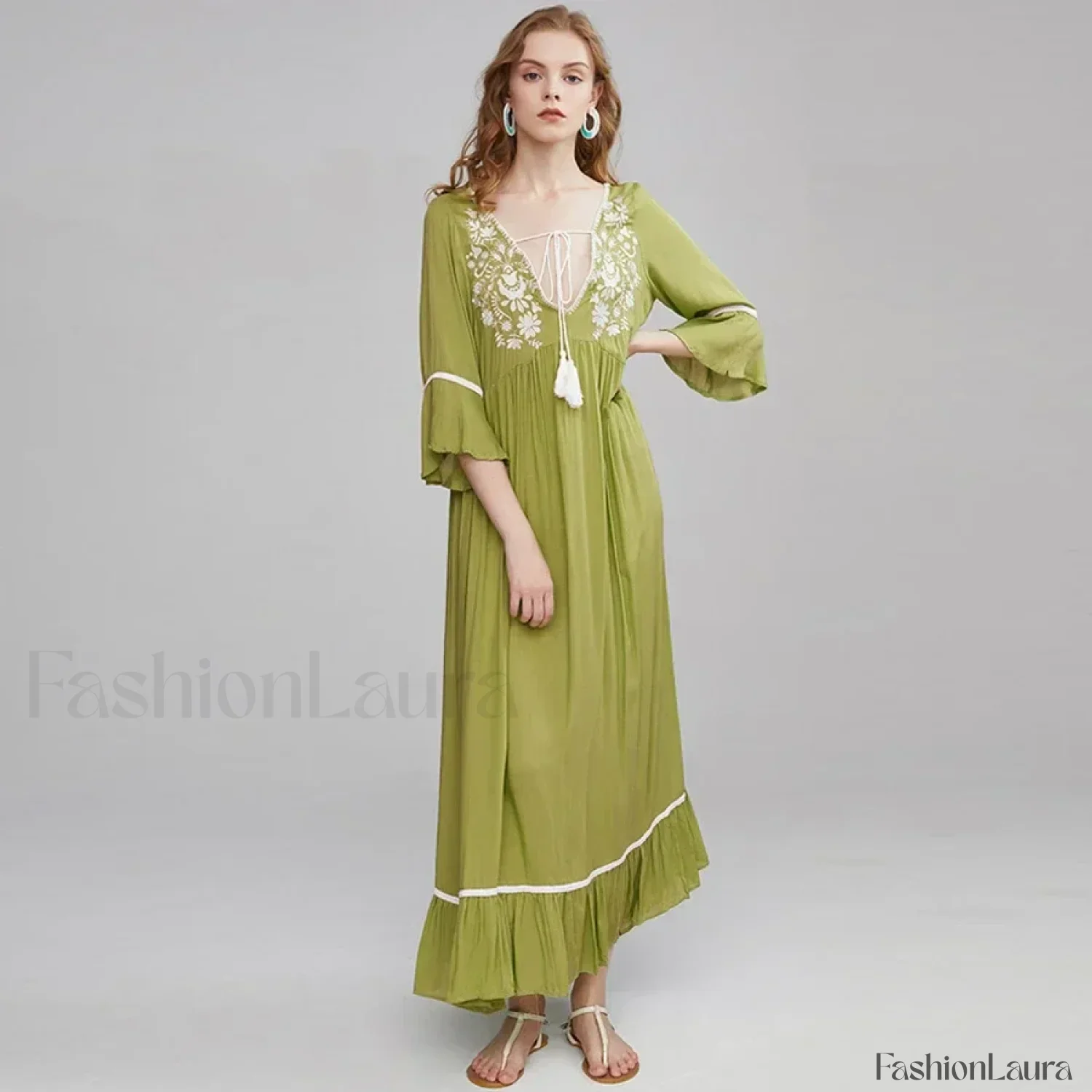Floral Flare-Sleeve Boho Dress - Image 15