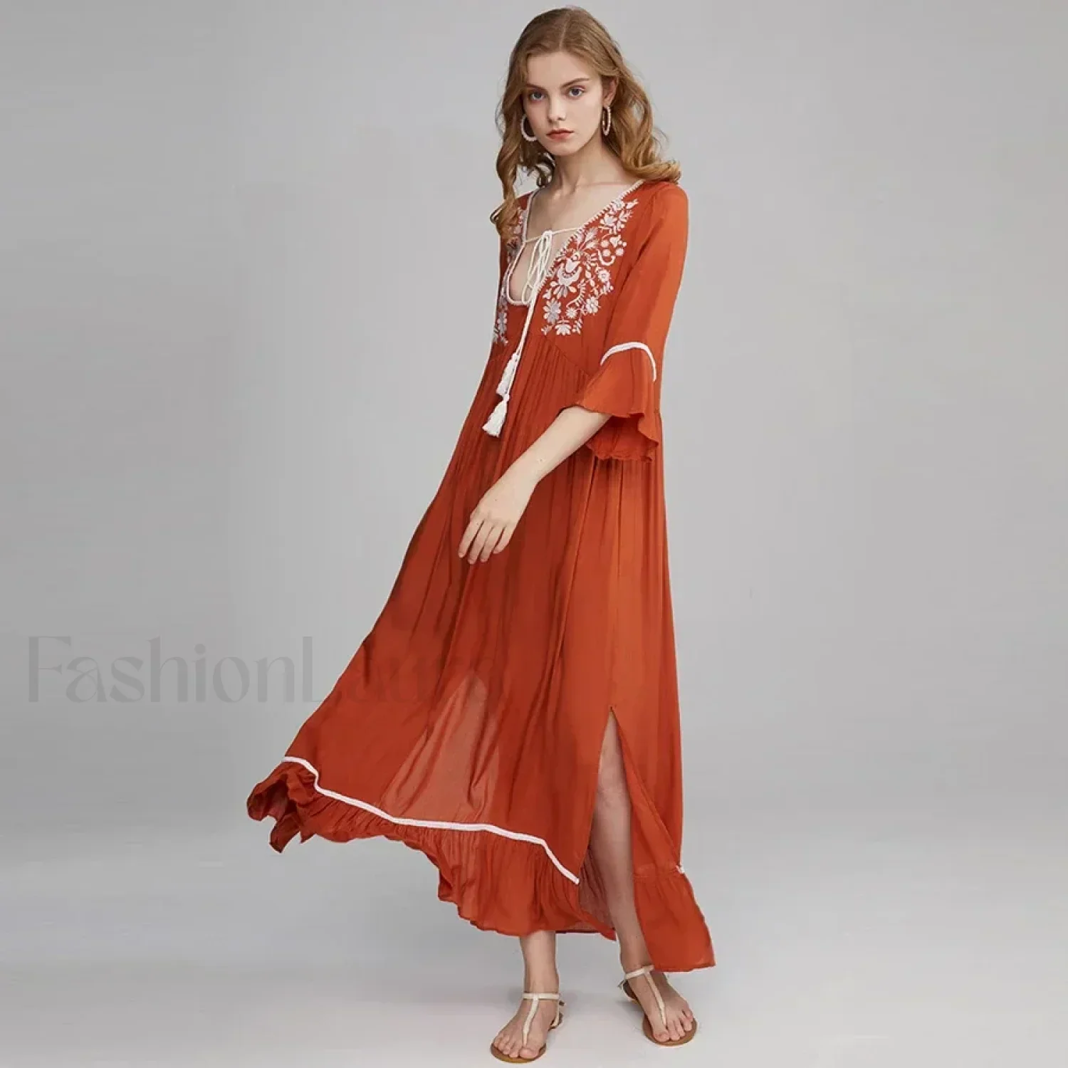 Floral Flare-Sleeve Boho Dress - Image 3