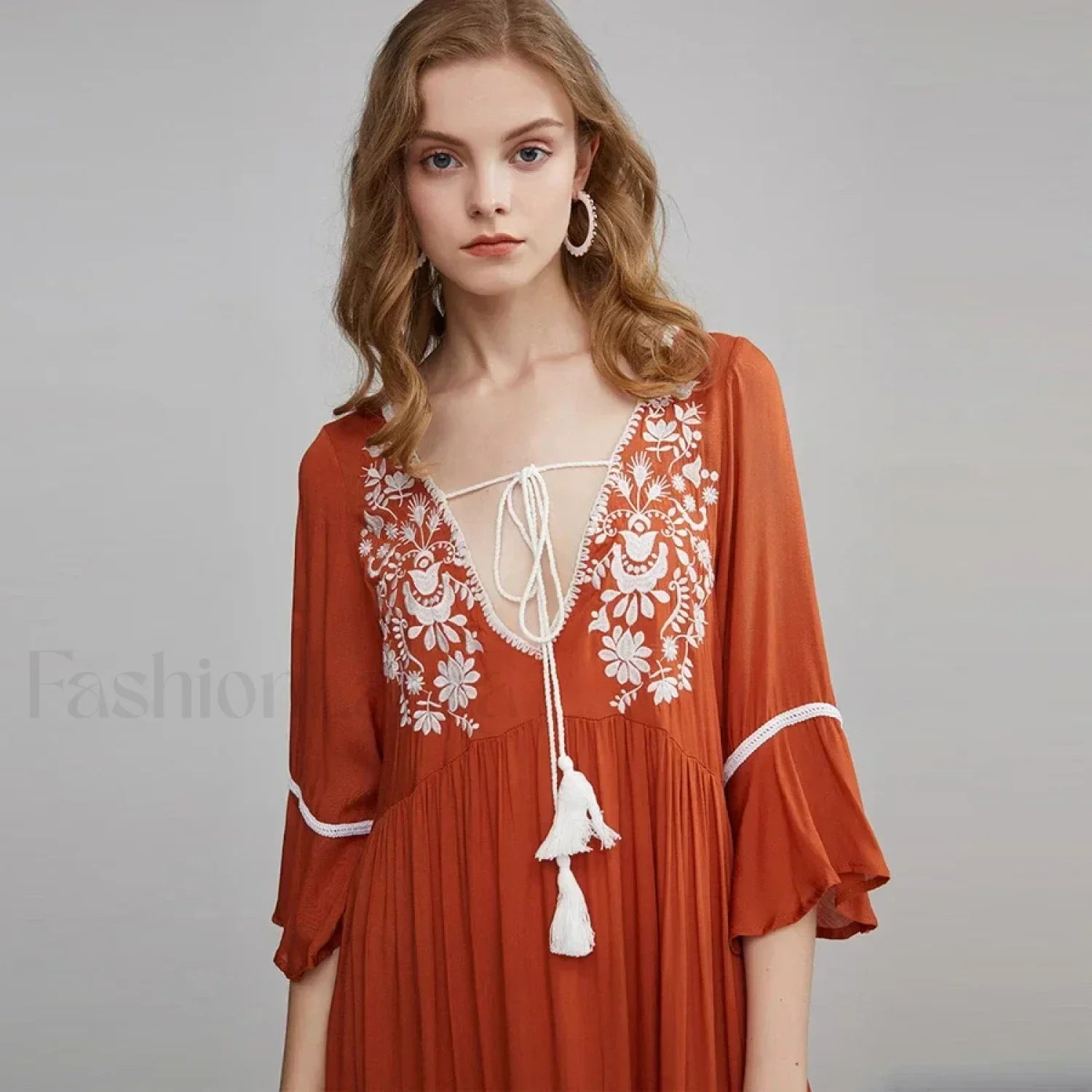 Floral Flare-Sleeve Boho Dress - Image 5