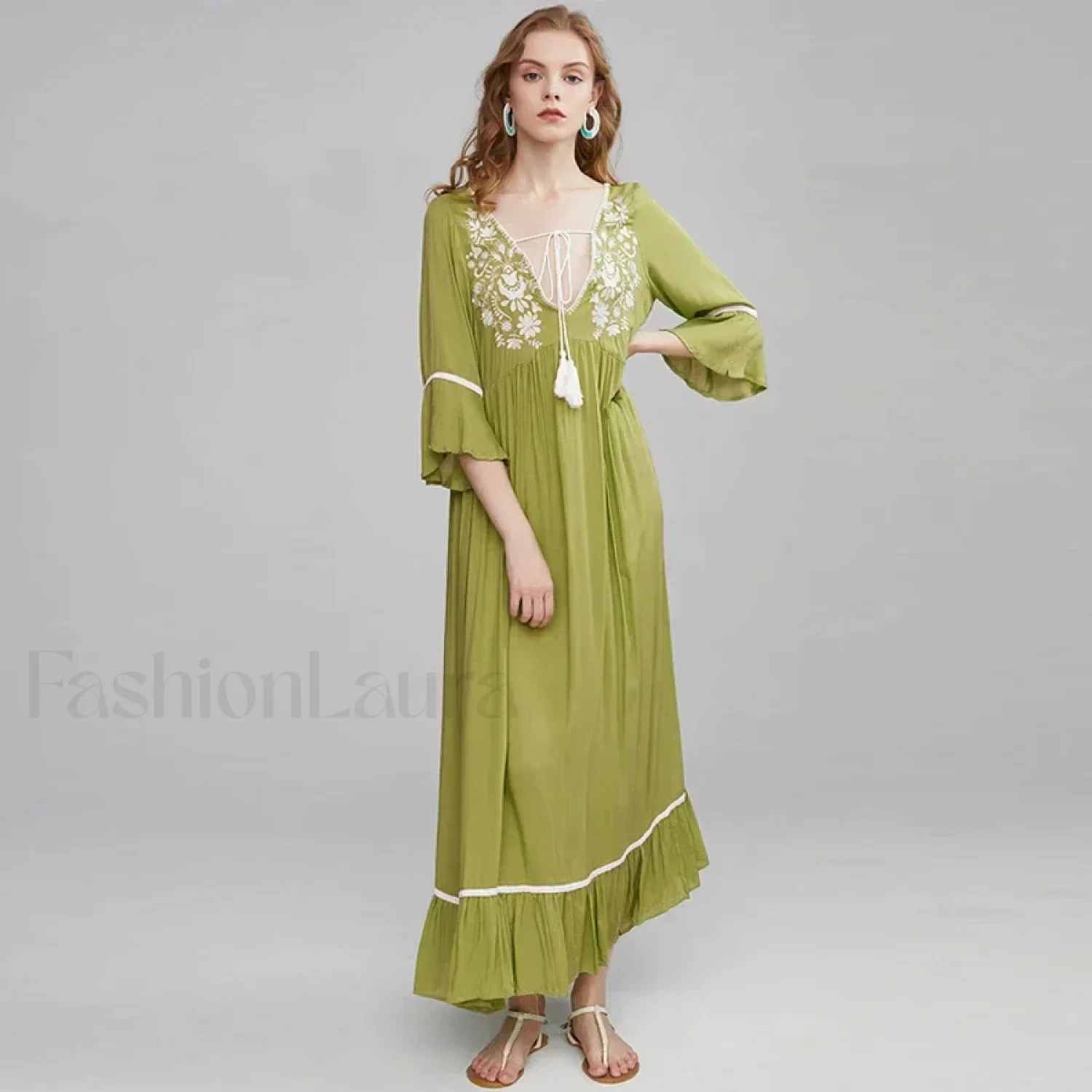 Floral Flare-Sleeve Boho Dress - Image 9
