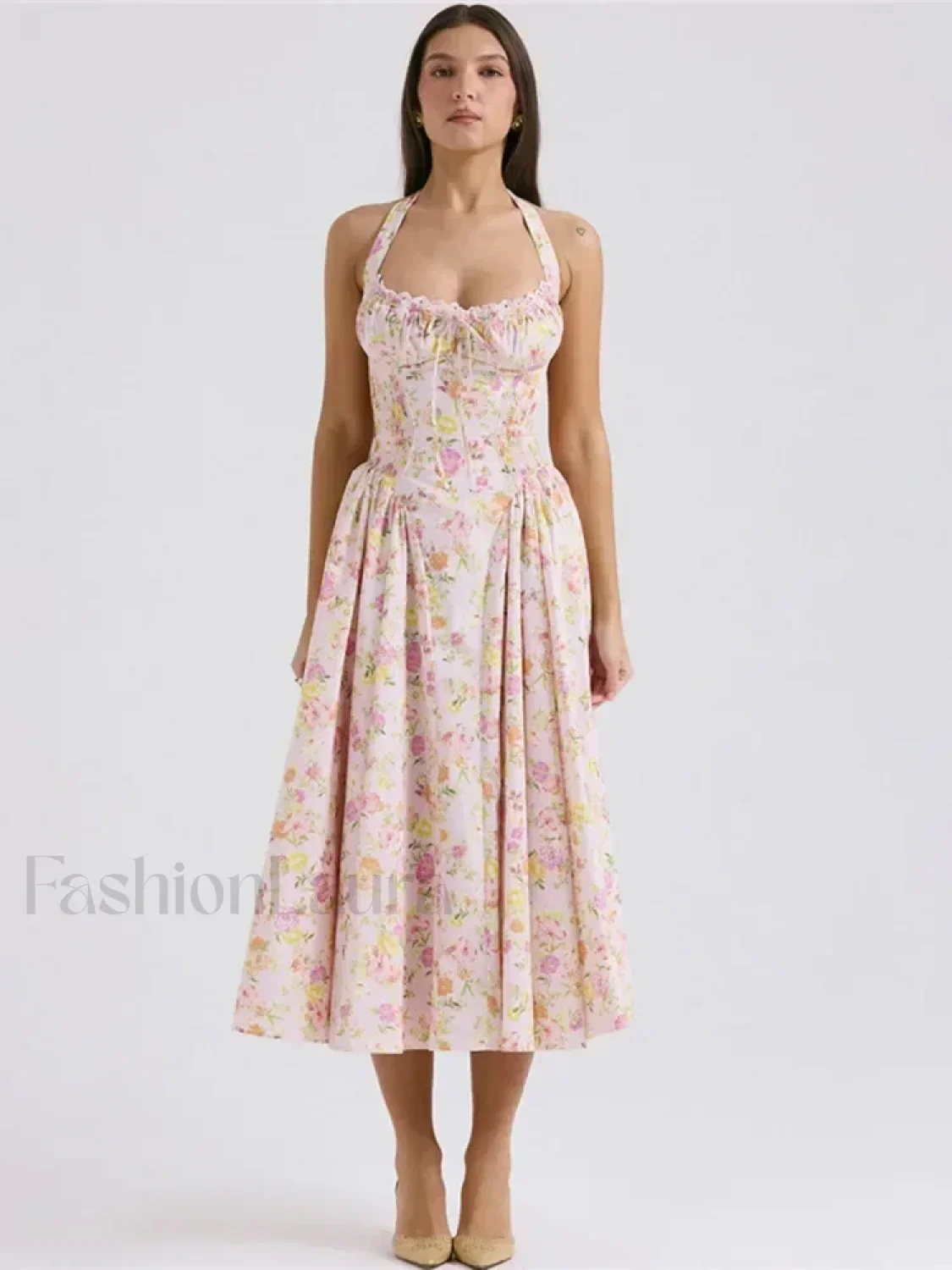 Floral Halter Backless Midi Dress