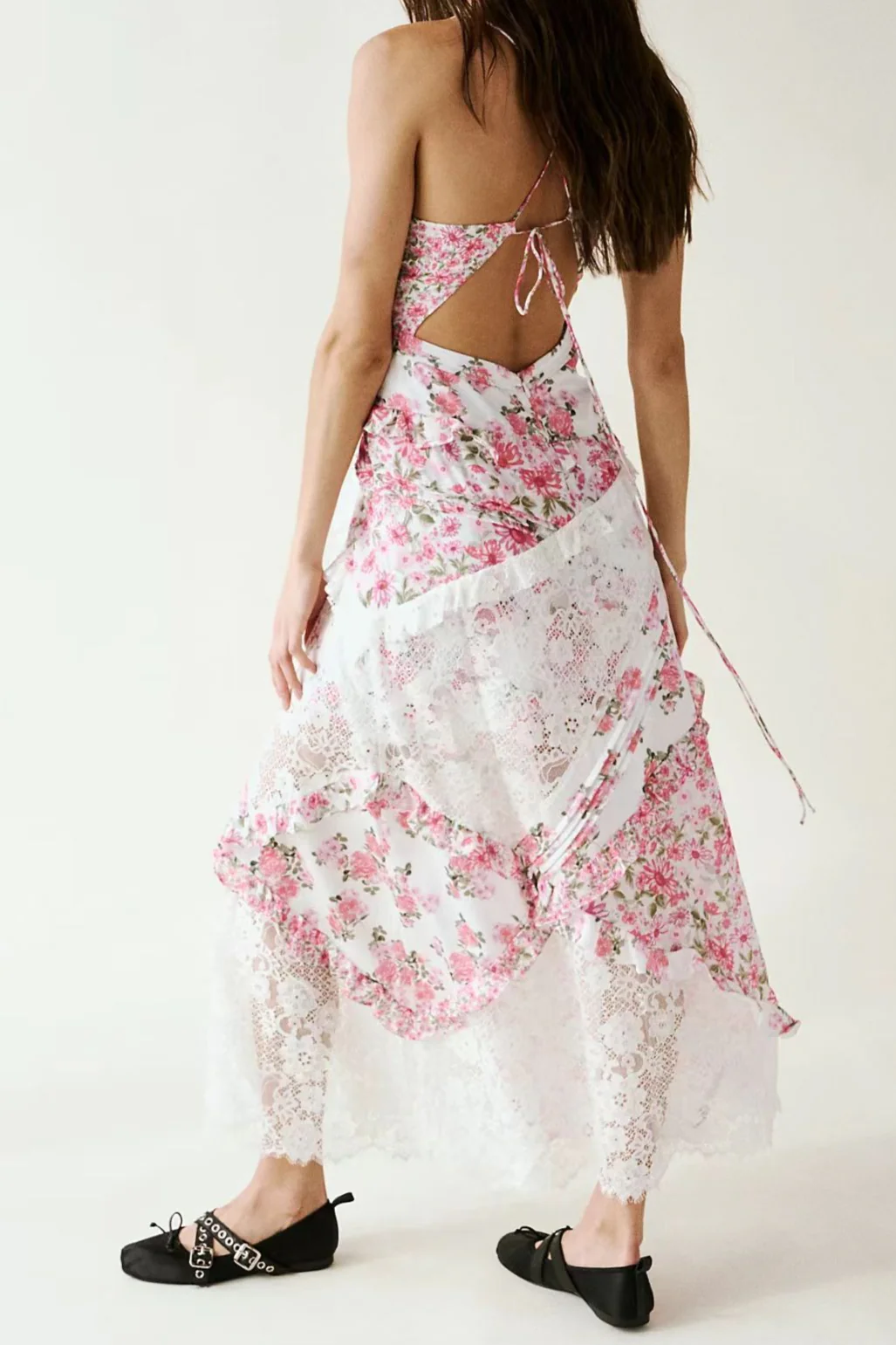 Floral Lace Panel Deep V Spaghetti Strap Maxi Dress - Image 13