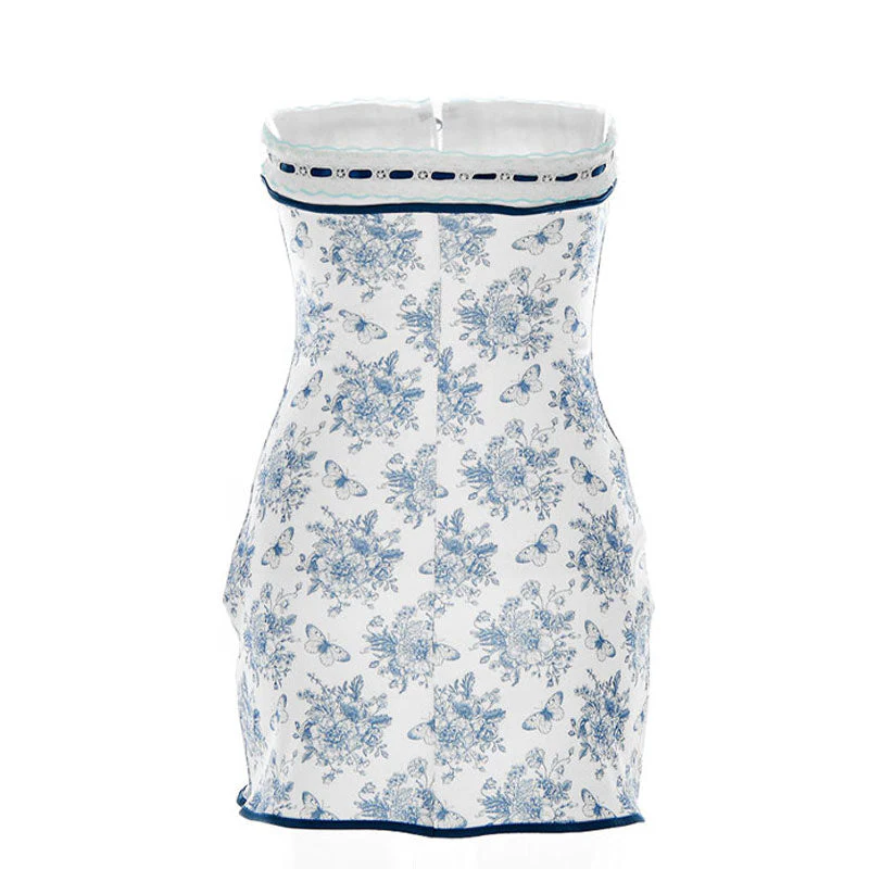 Floral Lace Trim Tie Front Strapless Mini Dress - Blue - Image 4
