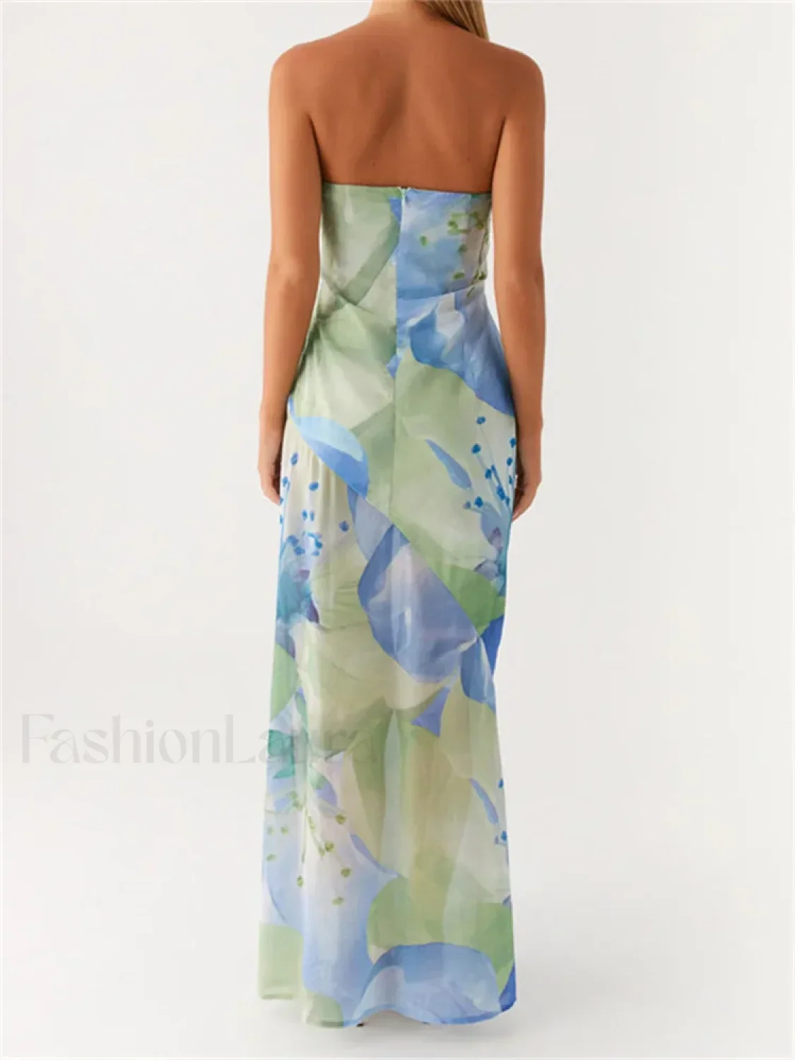 Floral Leaves Split Strapless Maxi Dress - Image 2
