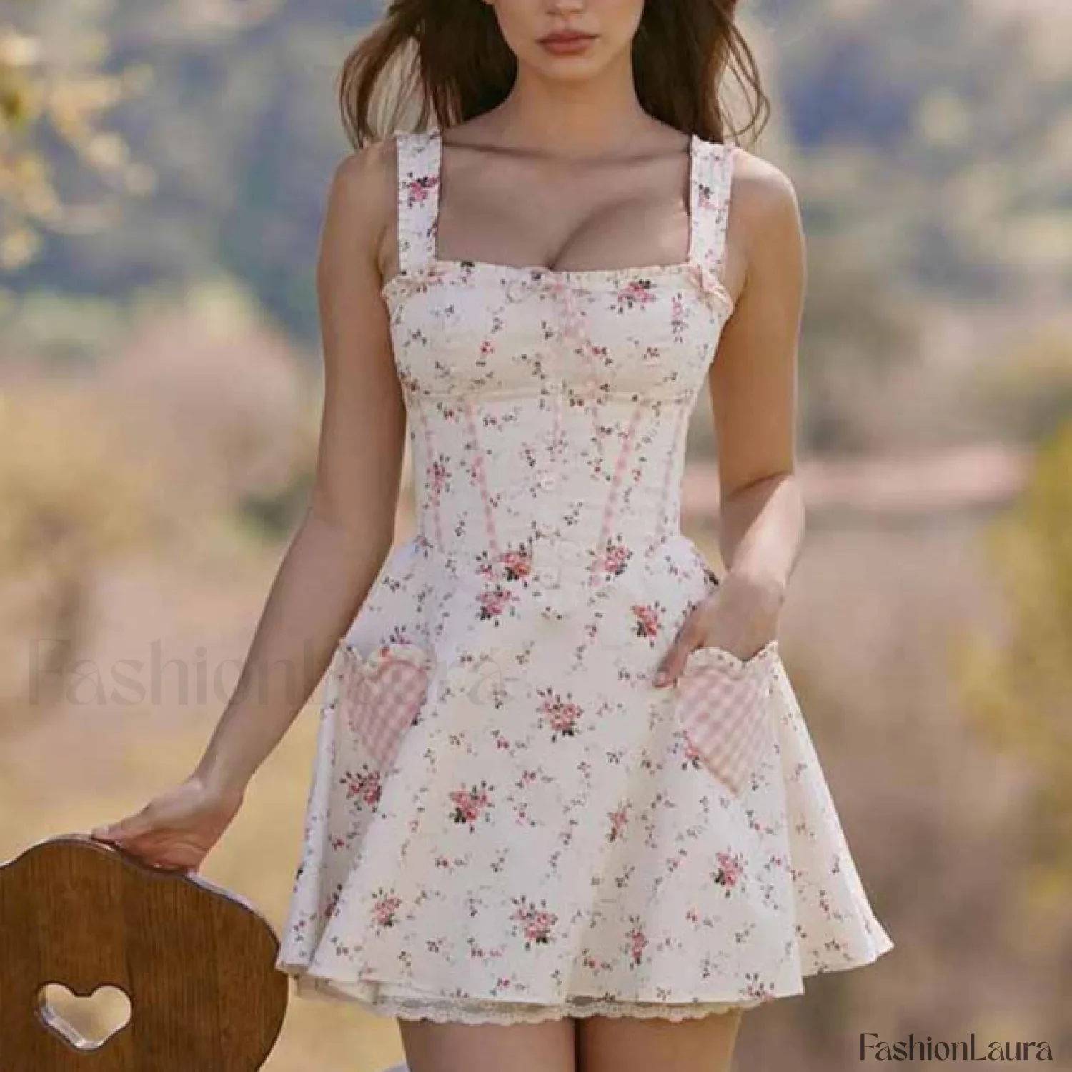 Floral Plaid Spliced Lace Sleeveless Mini Dress - Image 13