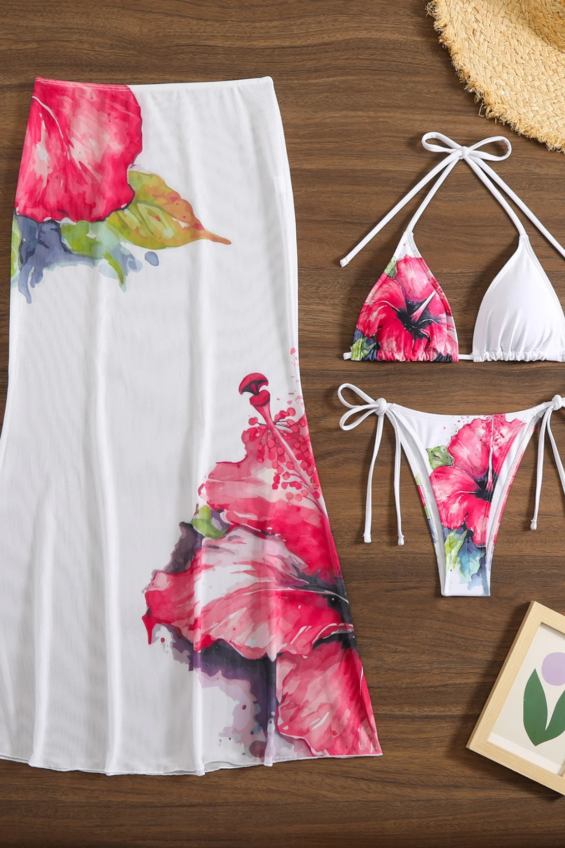 Floral Print Mesh Long Skirt Three Piece Swim Set - Image 6