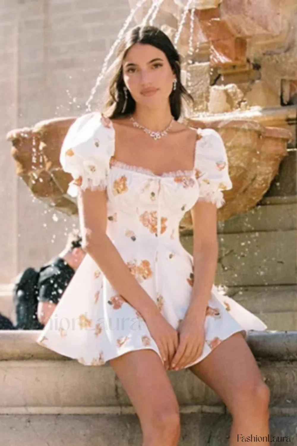 Floral Puff Sleeve Square Neck Mini Dress - Image 6