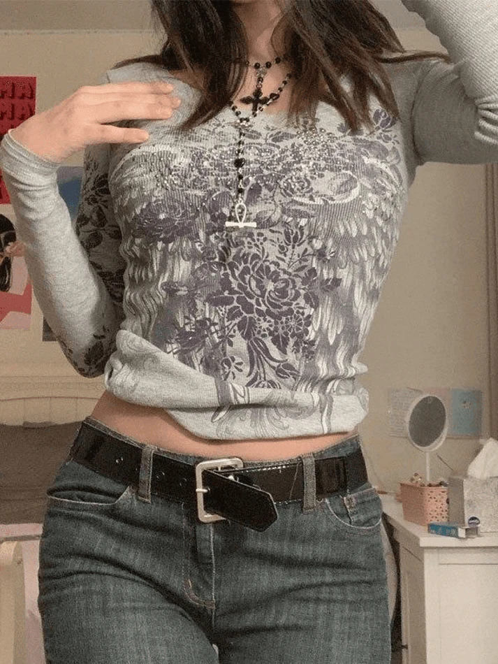 Floral Rhinestone Long Sleeve Crop Top - Image 32
