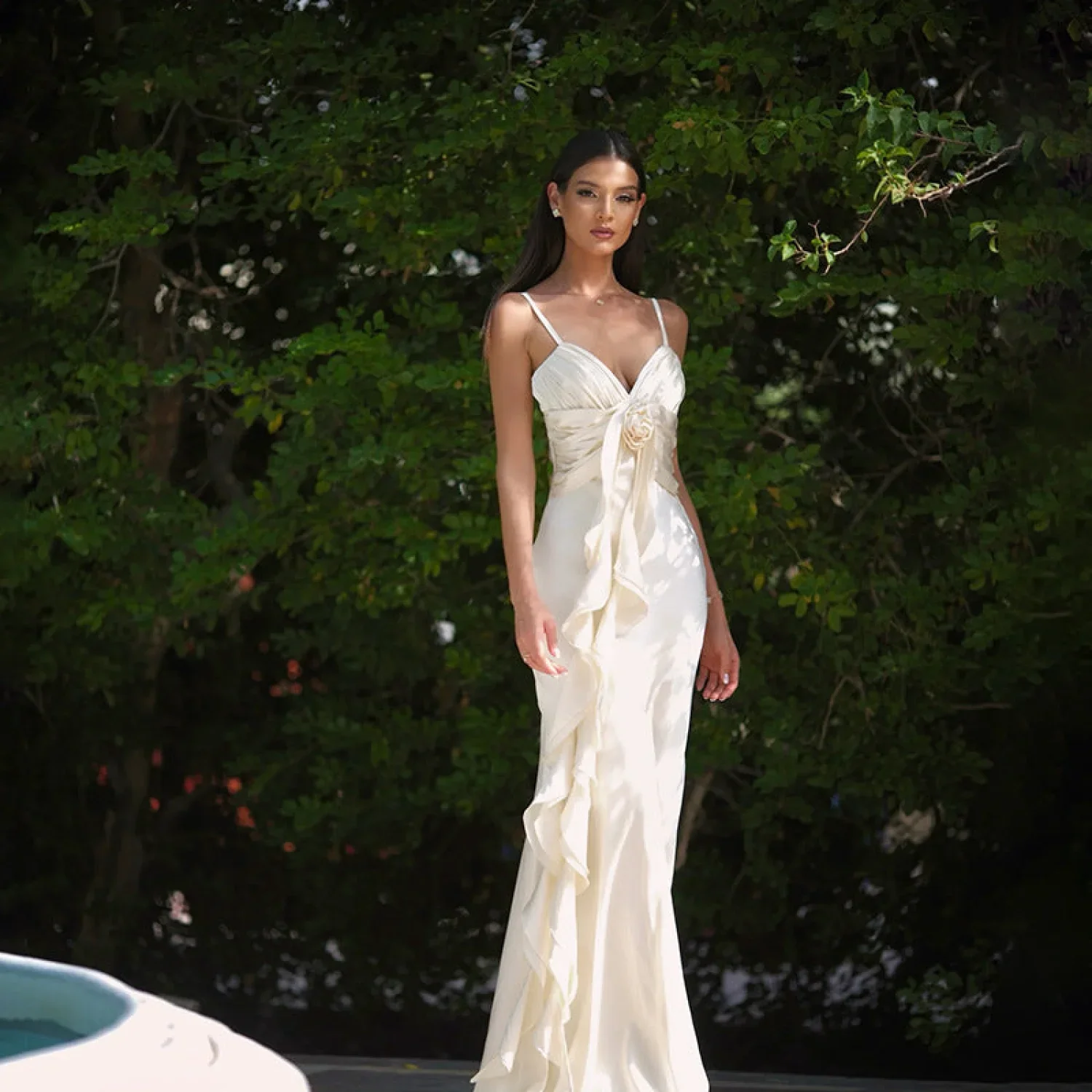 Floral Ribbon Satin Slim Fit Strappy Maxi Dress - Image 4
