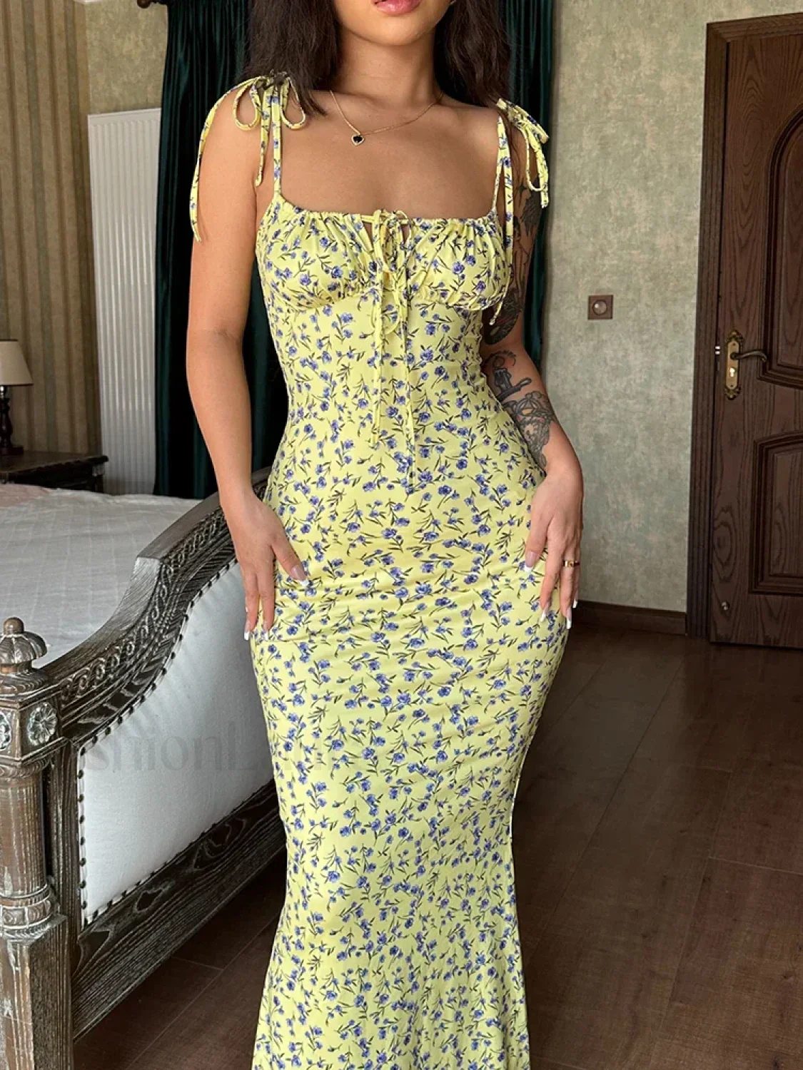 Floral Ruffle Lace-Up Maxi Dress - Image 12