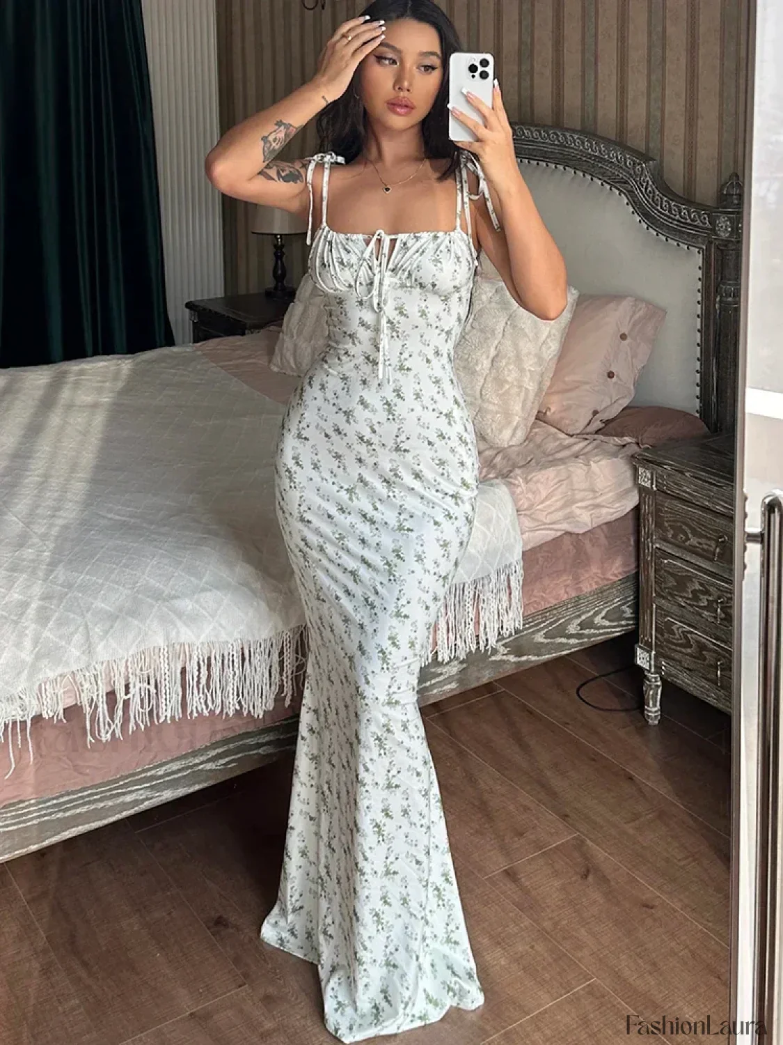 Floral Ruffle Lace-Up Maxi Dress - Image 17