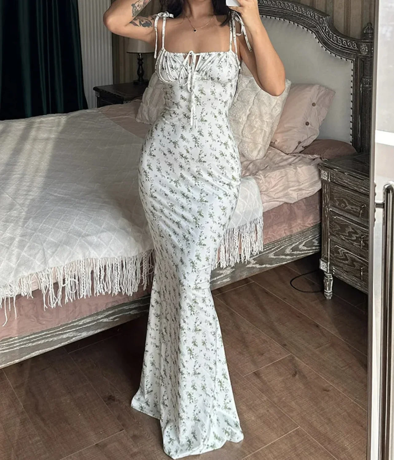 Floral Ruffle Lace-Up Maxi Dress - Image 4