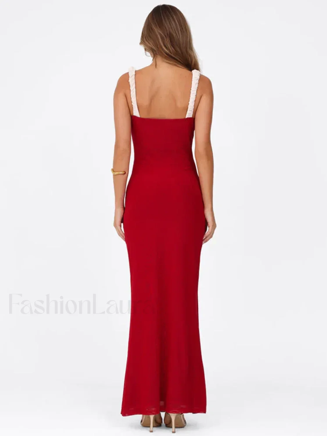 Flower Decor Red Spaghetti Maxi Dress - Image 3