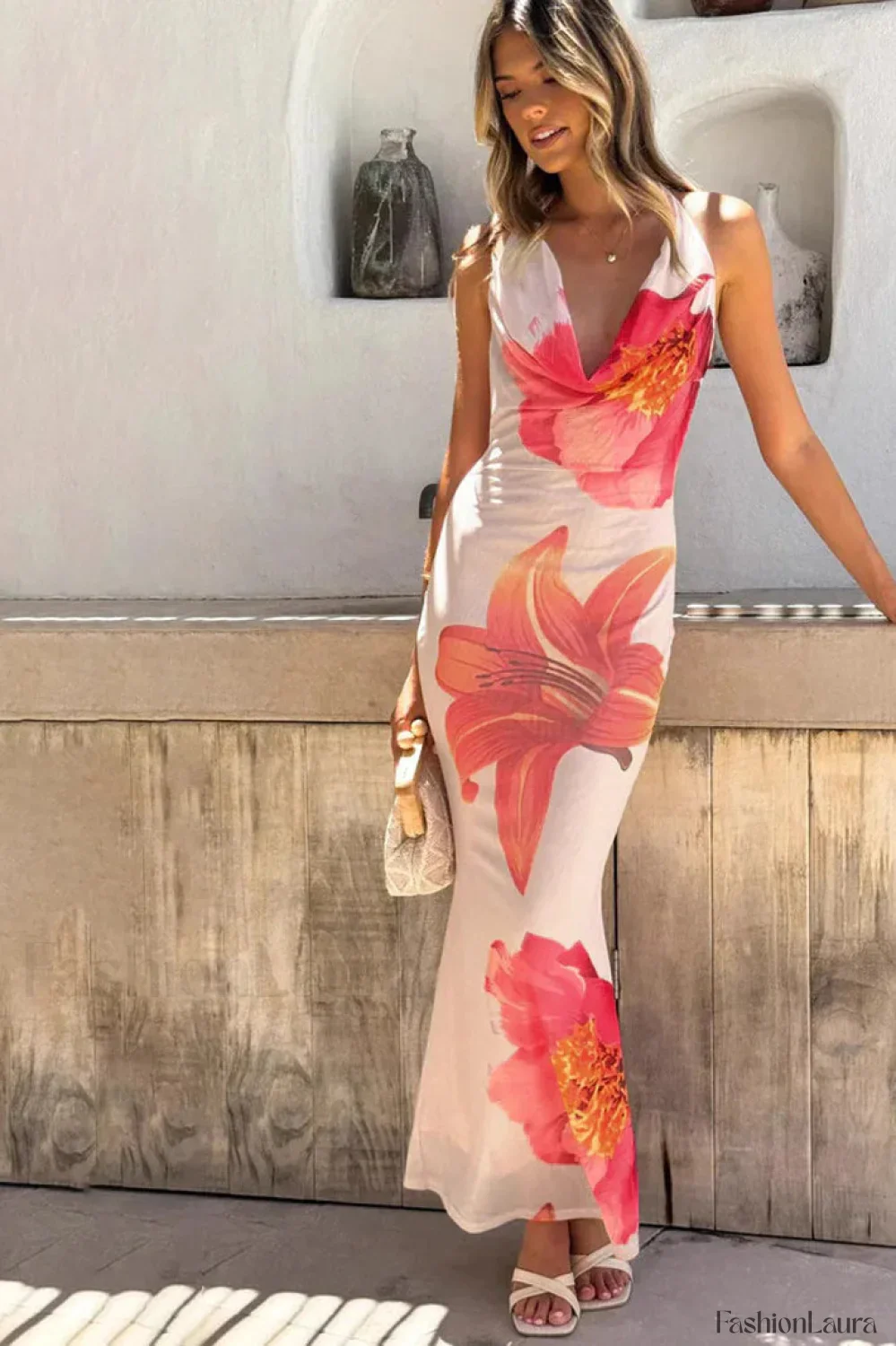 Flower Print Slim-Fit Fishtail Dress French Holiday Style - Image 10