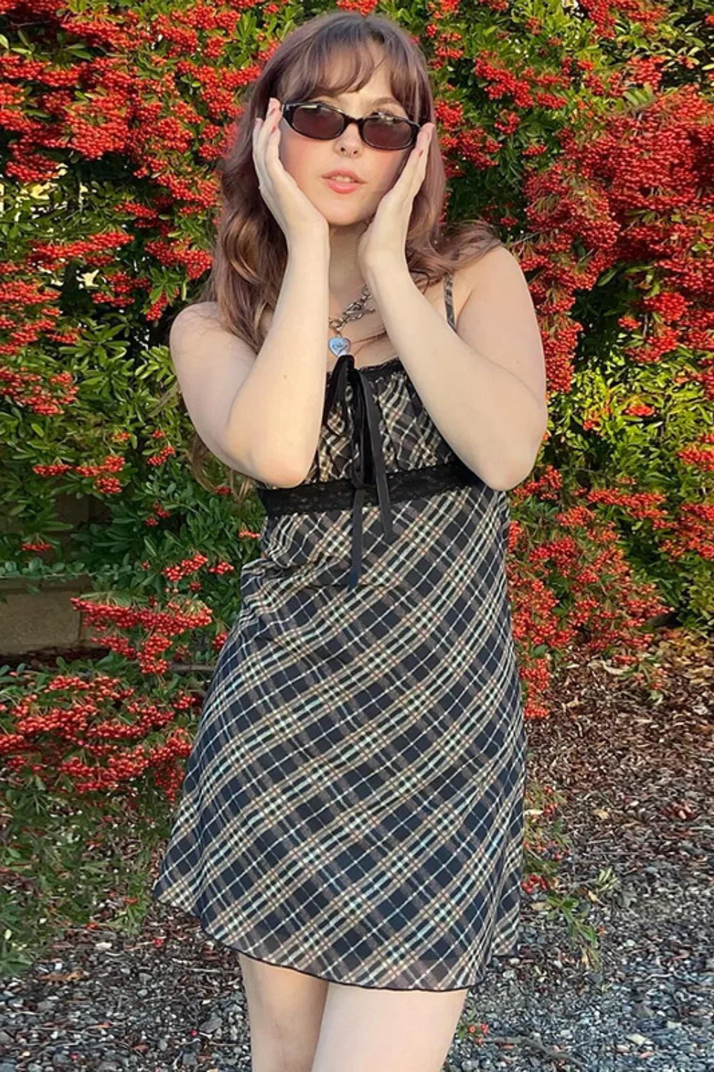 French Checkered Cami Lace Mesh A-Line Mini Dress - Image 2