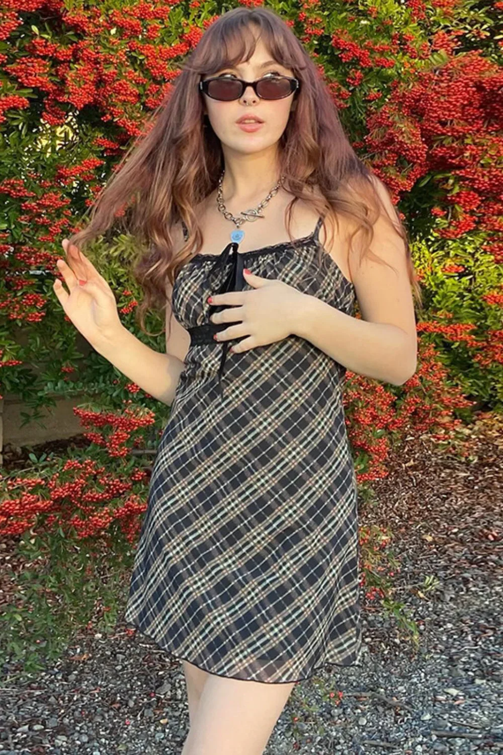 French Checkered Cami Lace Mesh A-Line Mini Dress - Image 4