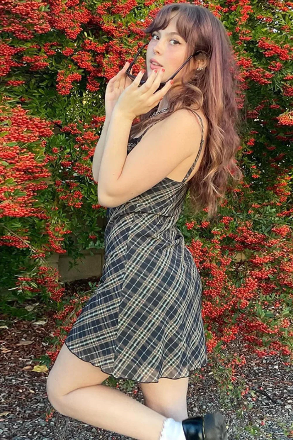 French Checkered Cami Lace Mesh A-Line Mini Dress - Image 6