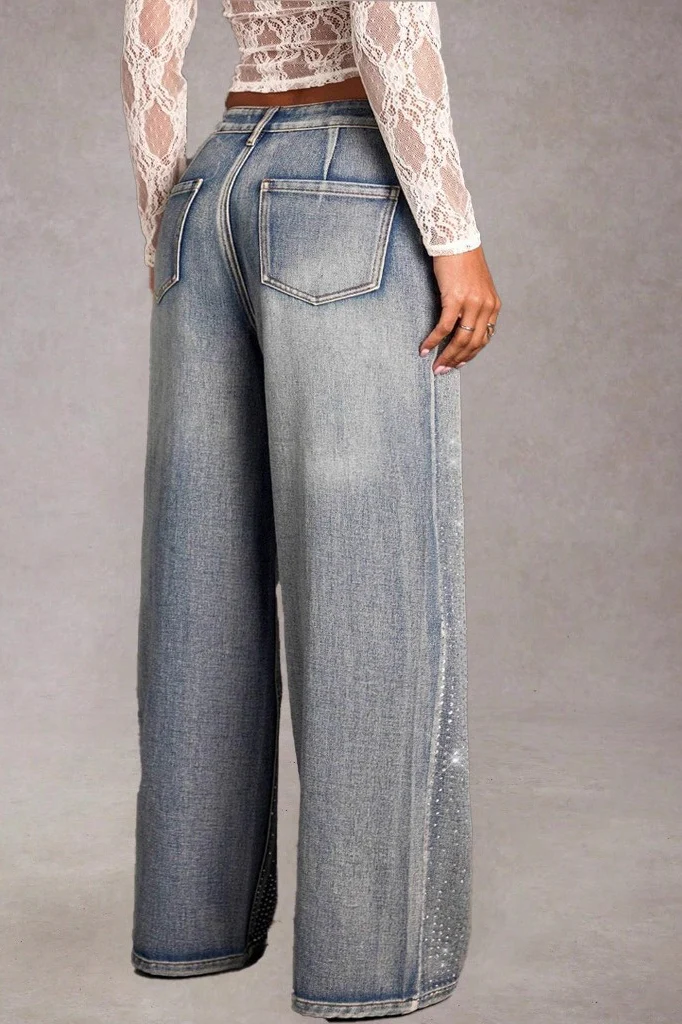 Full Rhinestone High Waist Wide Leg Denim Jeans - Image 2