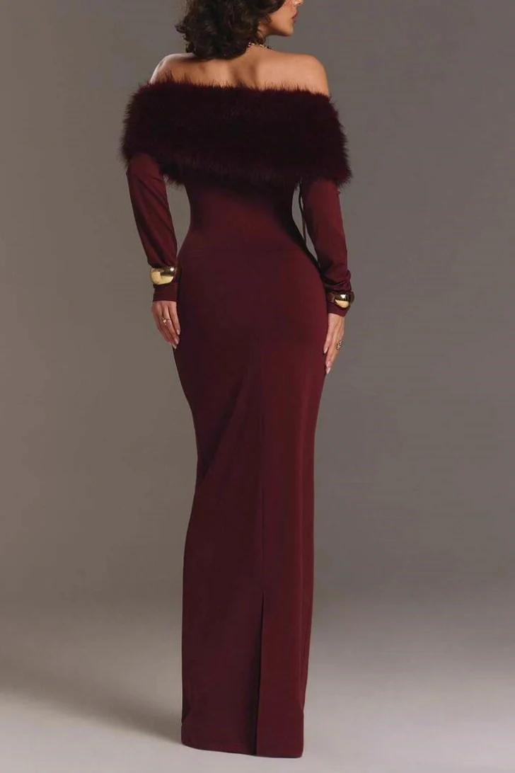 Fur Collar Off Shoulder Bodycon Dress - Image 3