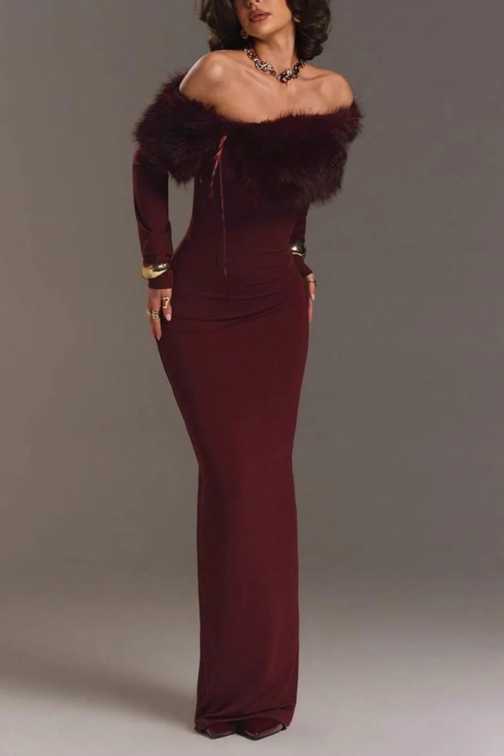 Fur Collar Off Shoulder Bodycon Dress - Image 4