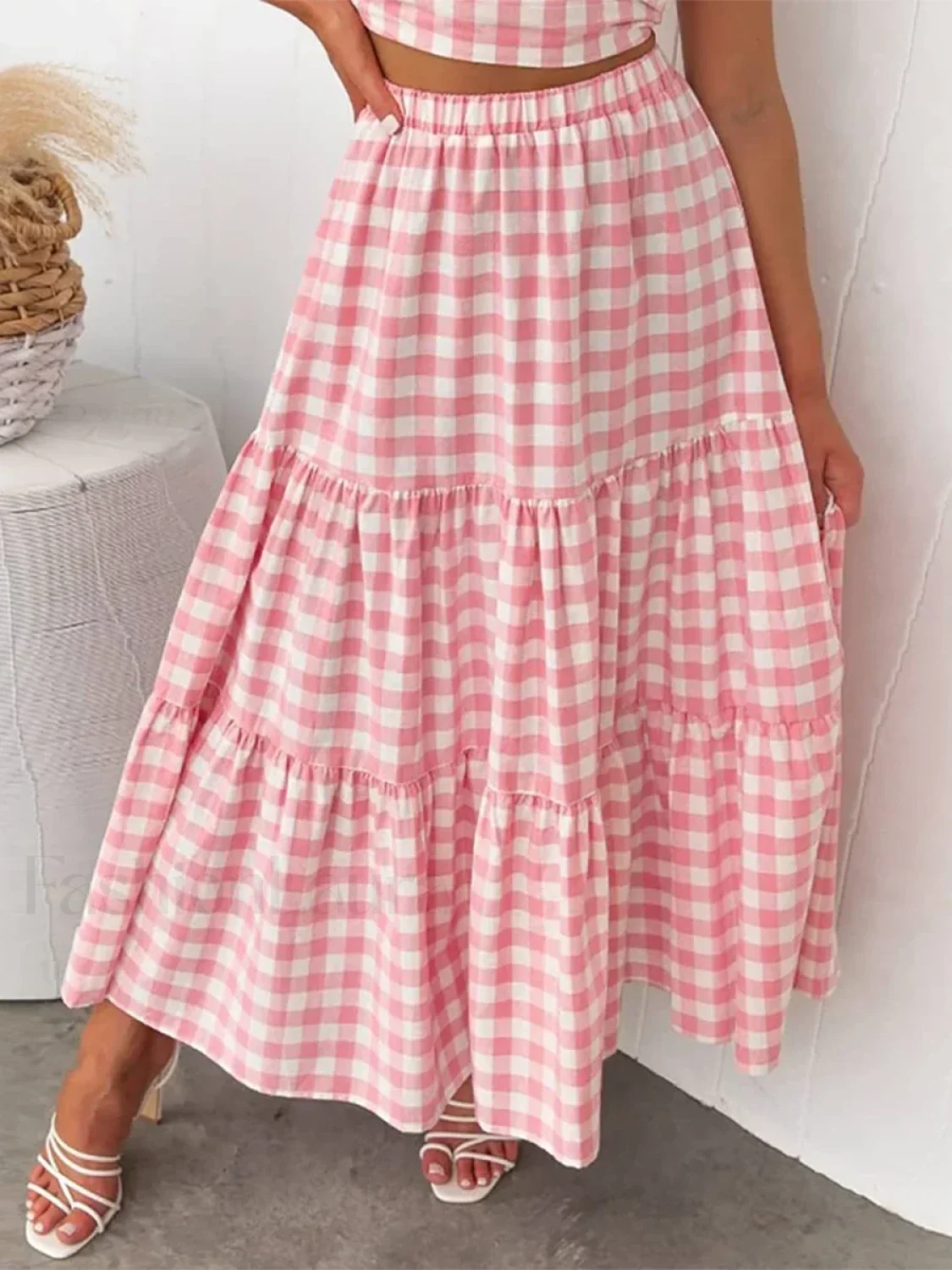 Gingham Patchwork Tiered Maxi Skirt - Image 10