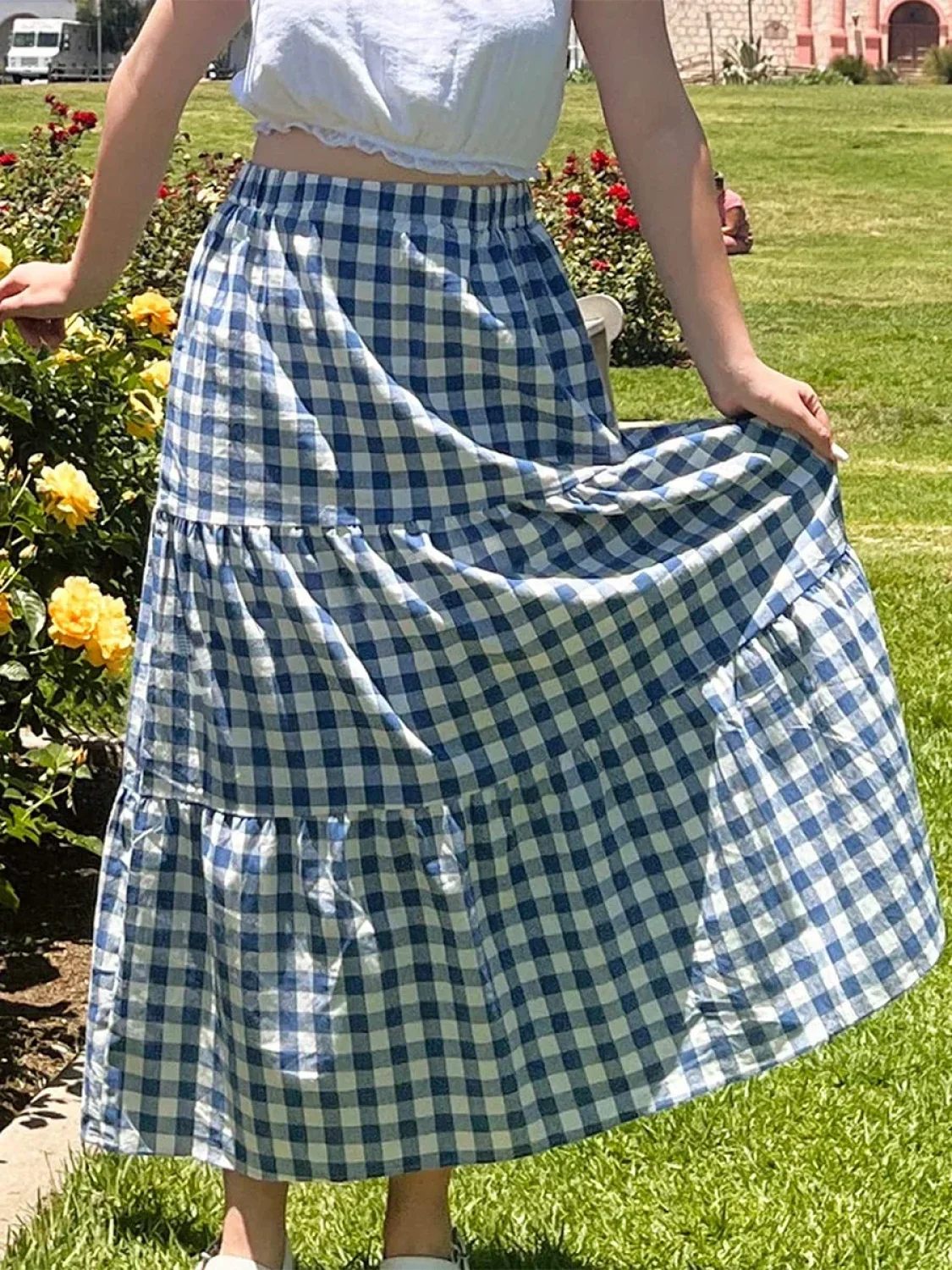 Gingham Patchwork Tiered Maxi Skirt - Image 11