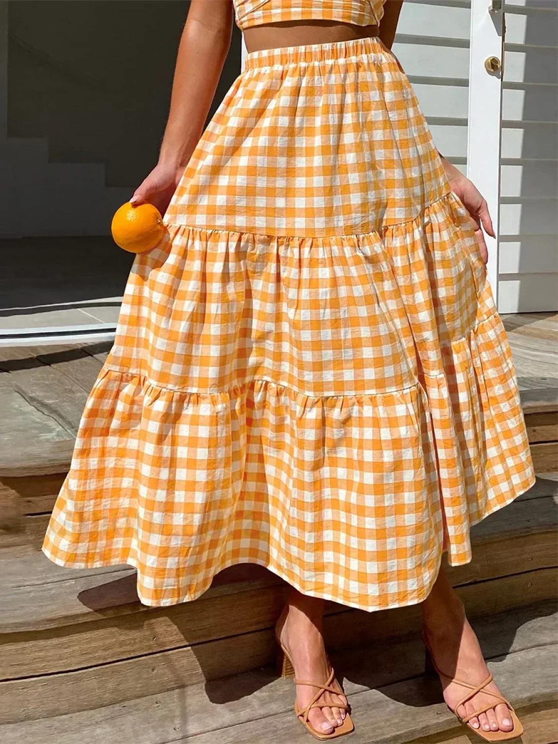 Gingham Patchwork Tiered Maxi Skirt - Image 12