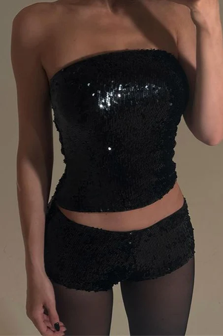 Glitter Tube Top Skinny Two Piece Shorts Set - Image 5