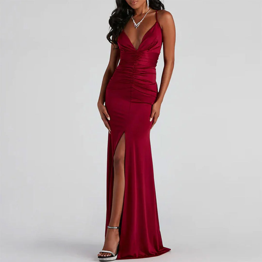 V High Slit Maxi Dress - Red - Image 9