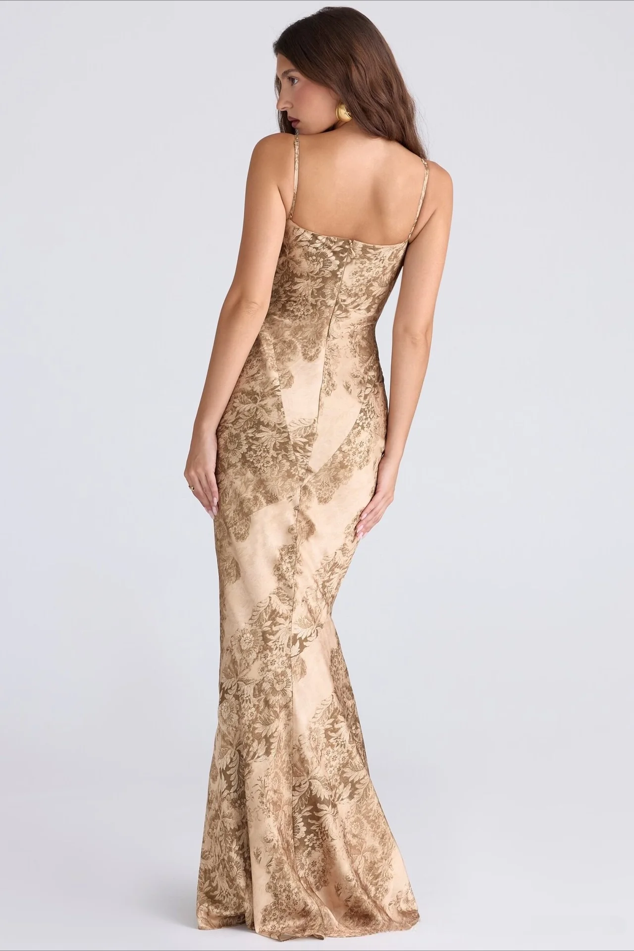 Gold Floral Print Satin Maxi Mermaid Prom Dress - Image 2