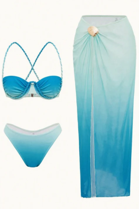 Gradient Mesh Skirt Backless Three Piece Swim Set - Image 6