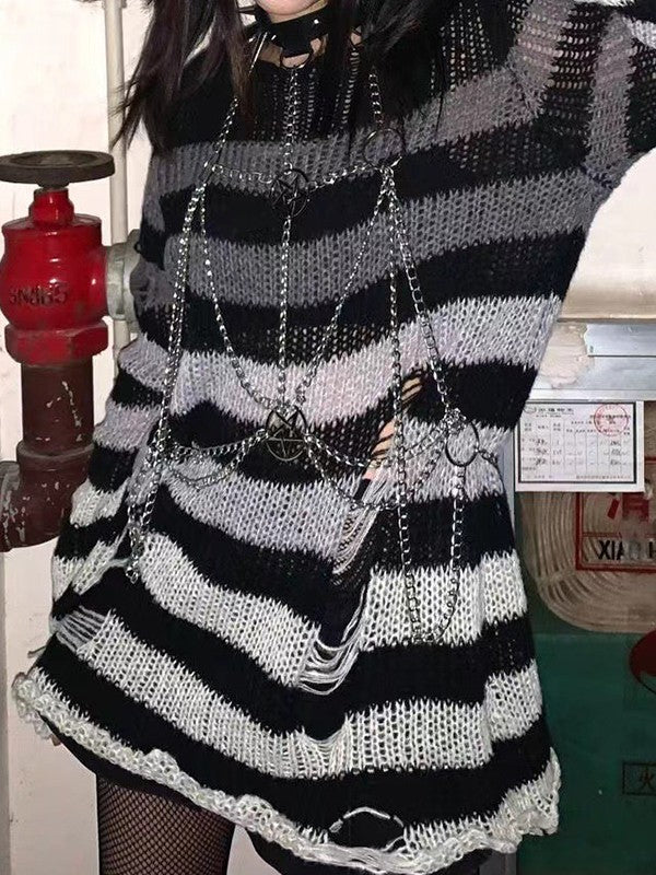 Gradient Striped Distressed Long Sleeve Mini Dress - Image 31