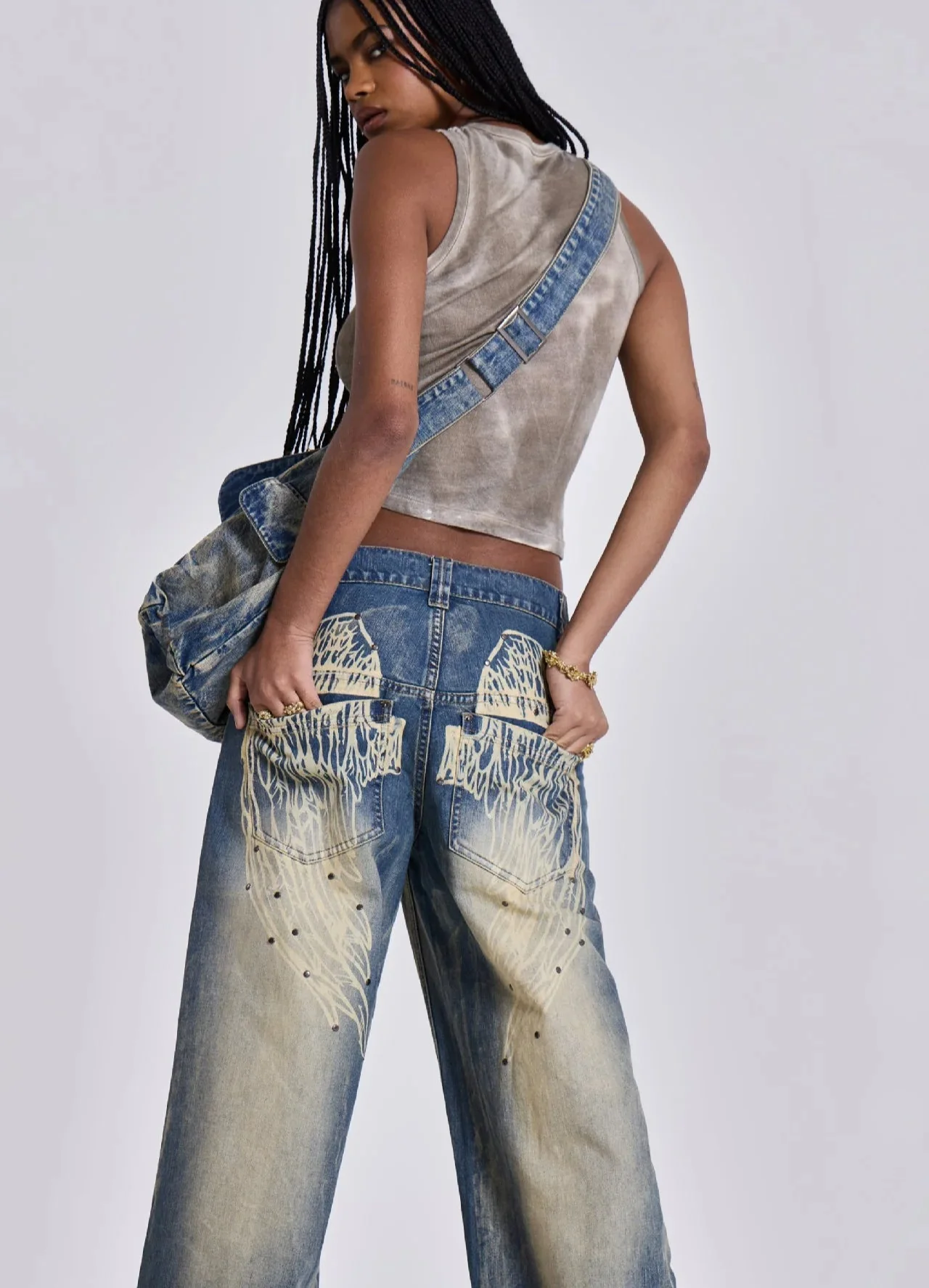 Gradient Wing Print Wide Leg Jeans - Image 20