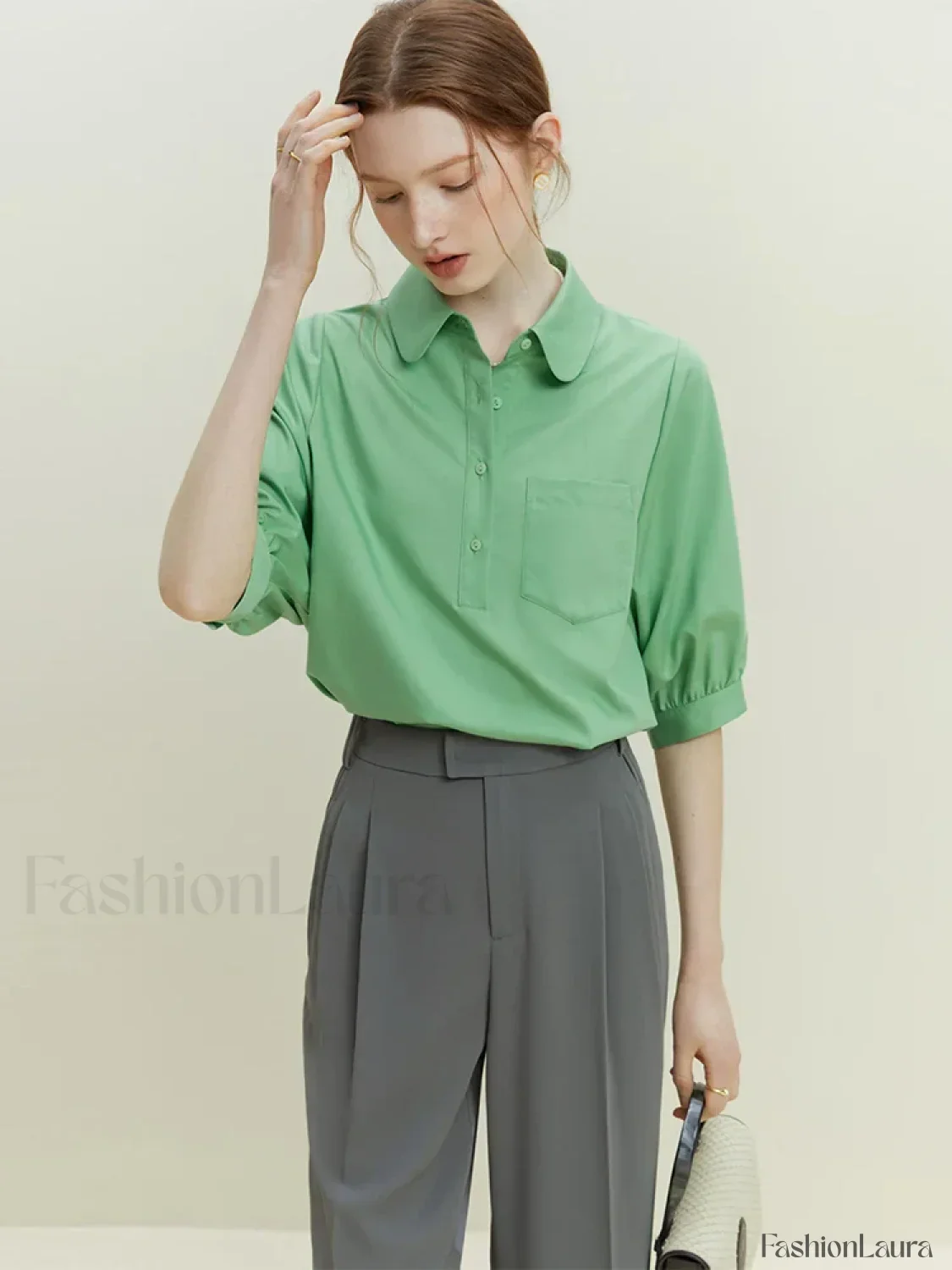 Half Sleeve Polo Neck Pocket Blouse - Image 20