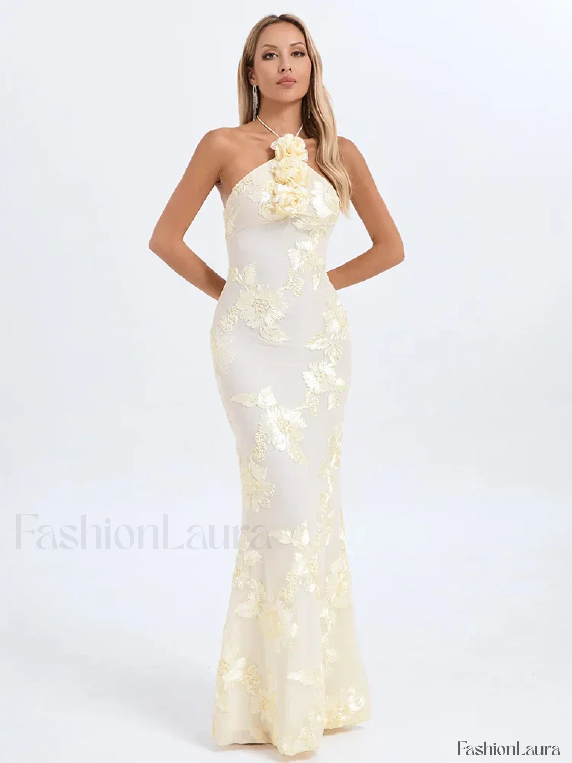 Halter 3D Flower Lace Maxi Dress - Image 14