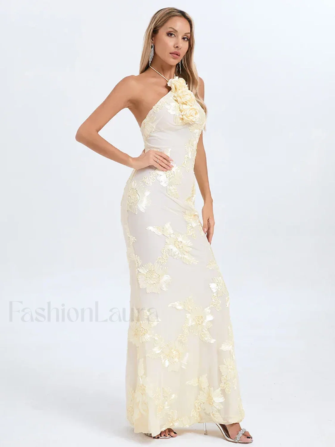 Halter 3D Flower Lace Maxi Dress - Image 8