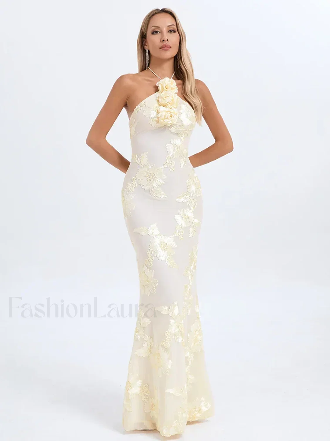 Halter 3D Flower Lace Maxi Dress - Image 9