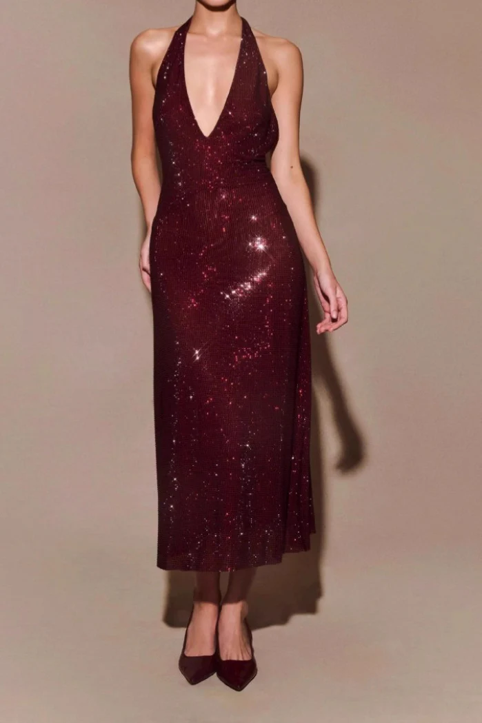 Halter Deep V Backless Bodycon Elegant Prom Dress - Image 2