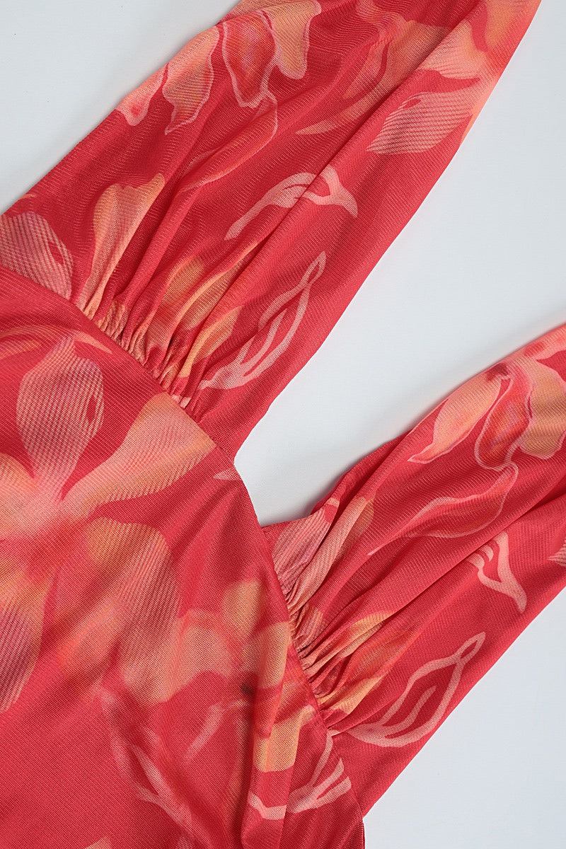 Halter Deep V Ruffle Patchwork Cutout Long Floral Dress - Image 7