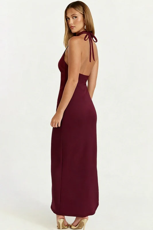 Halter Lace-Up Slit Backless Deep V Maxi Dress - Image 2