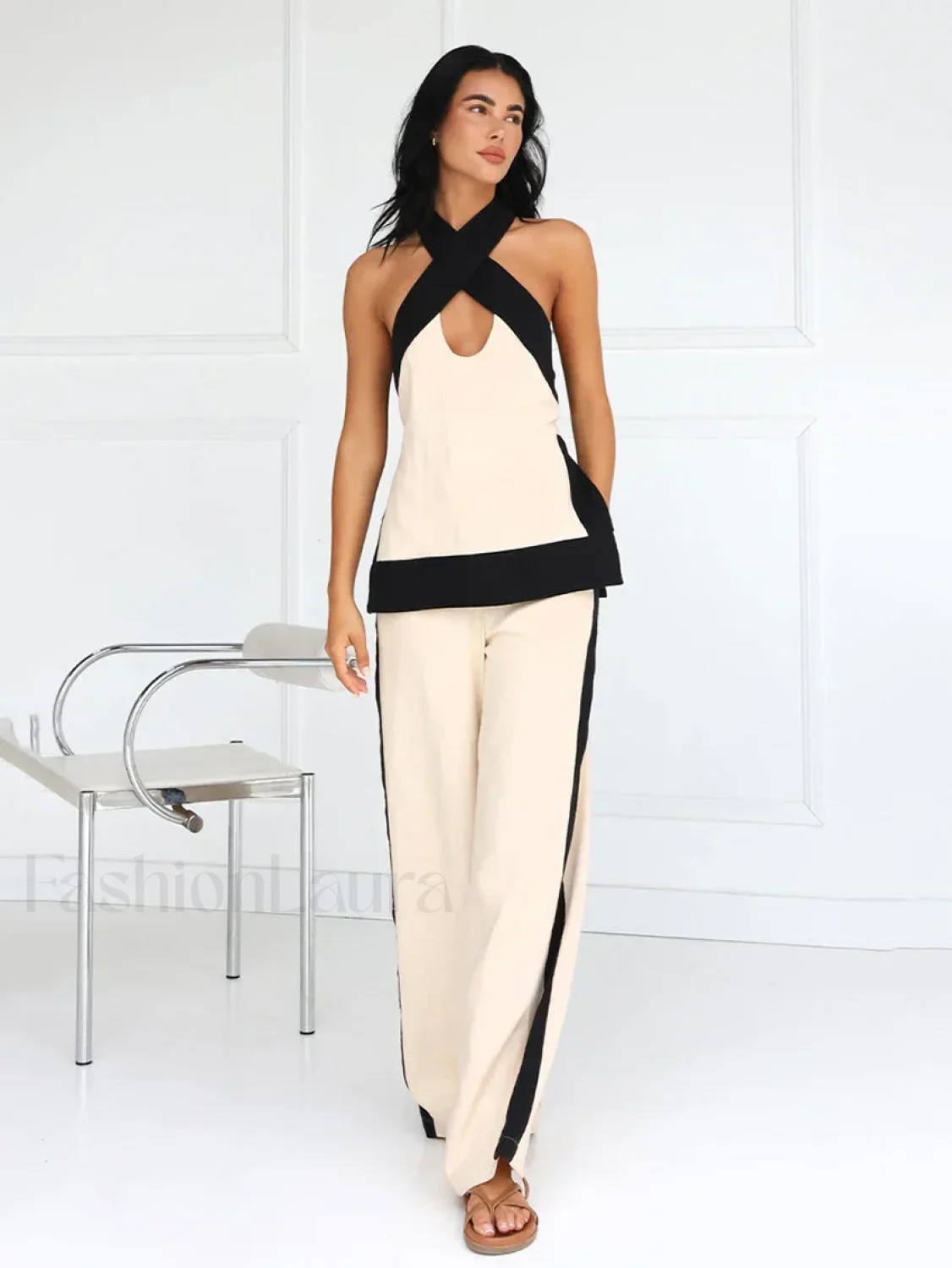 Halter Sleeveless Pajama Pants Two Piece Set - Image 3