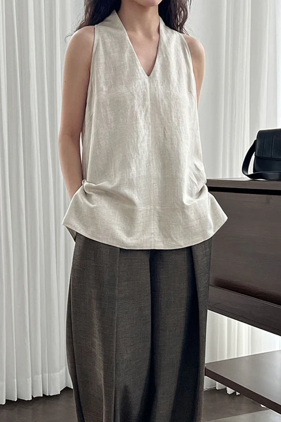 Halter V Neck Linen Casual Tank Top - Image 10