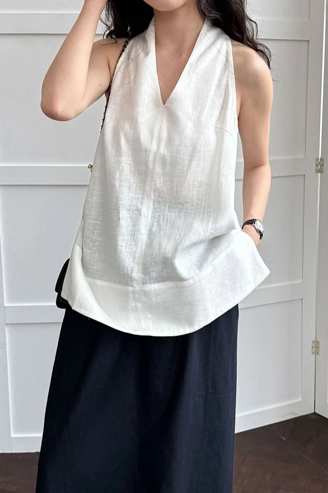 Halter V Neck Linen Casual Tank Top - Image 2