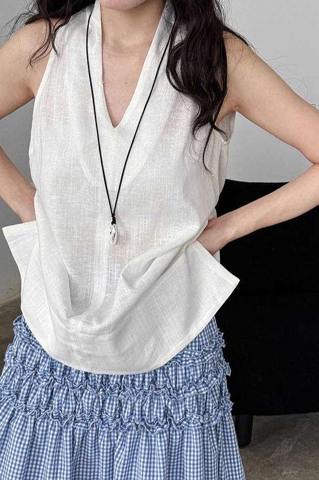 Halter V Neck Linen Casual Tank Top - Image 3