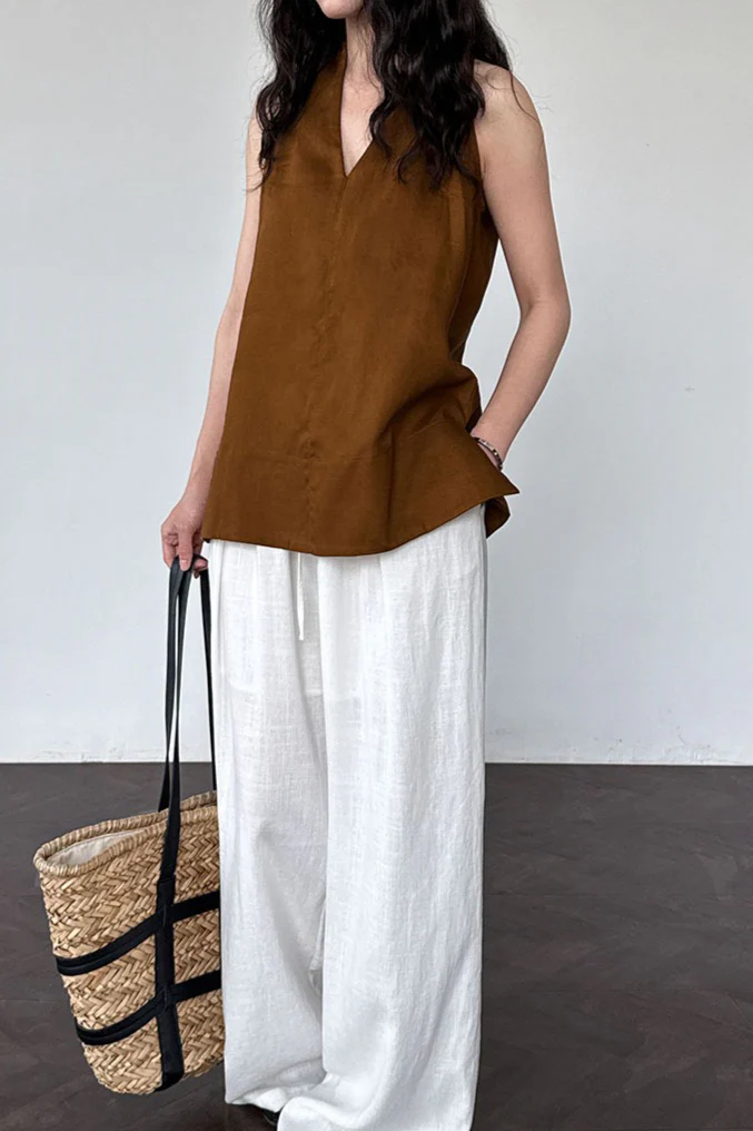 Halter V Neck Linen Casual Tank Top - Image 5